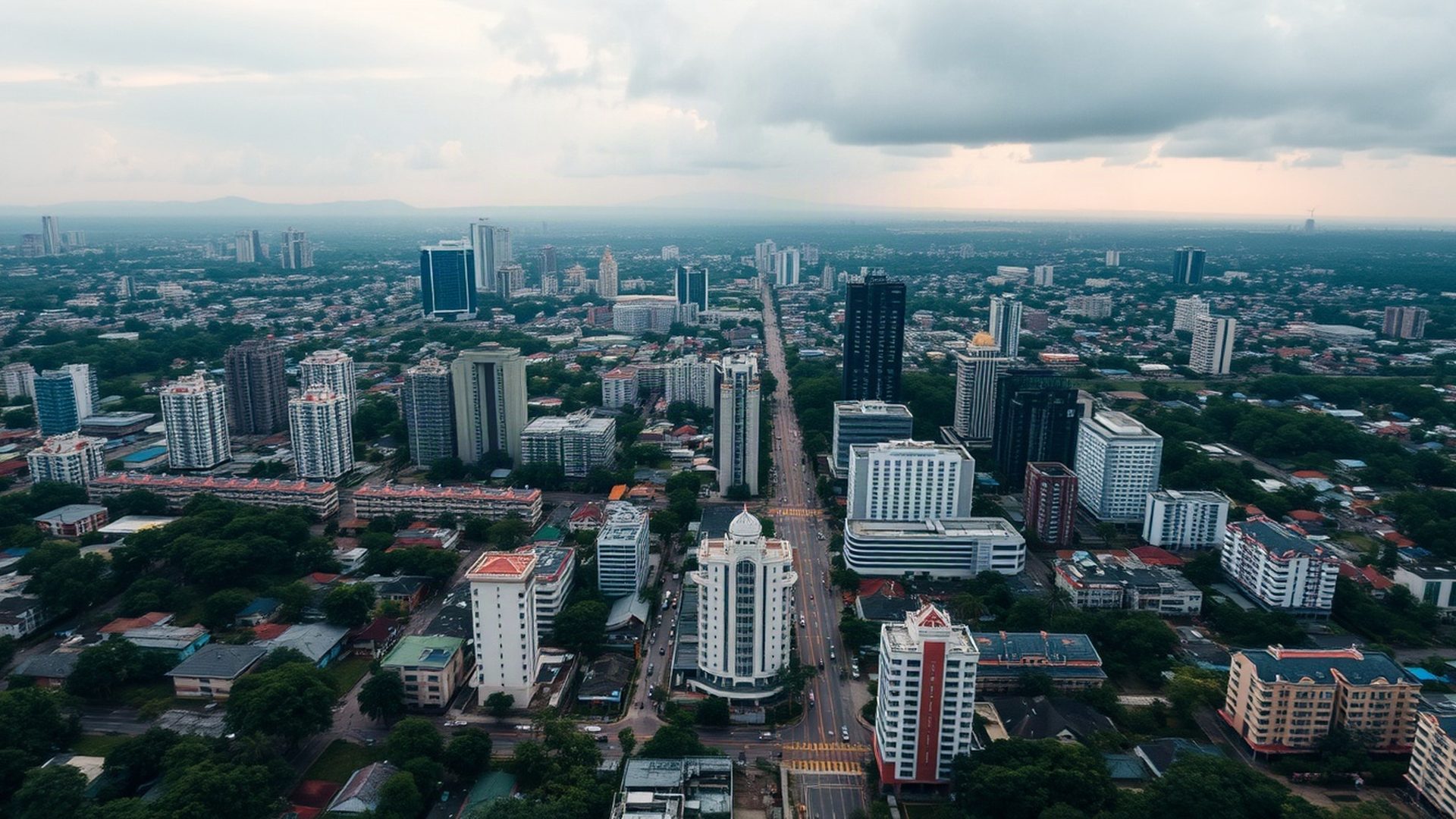 Aerial view of the Chiang Rai skyline under an overcast sky