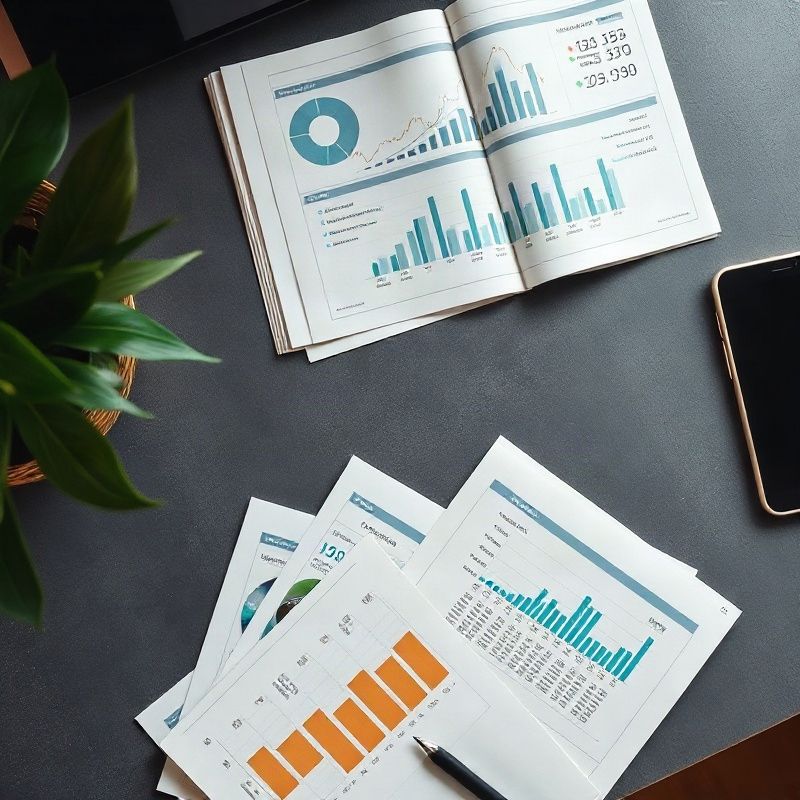 Flat-lay of printed data charts and economic reports on a slate-grey desk