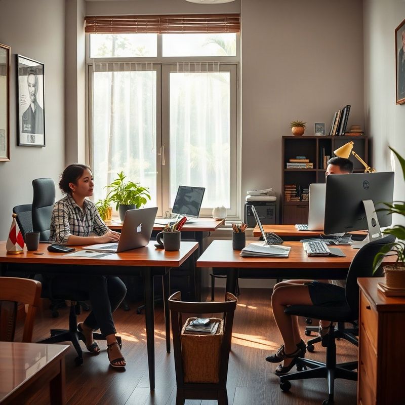 A small editorial team of three professionals at desks in a Chiang Rai office
